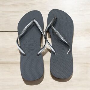 Havaianas Dark Gray Flip Flops with Metallic Straps